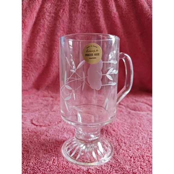 Princess House Etched Glass Mugs With Handles 6"Tall Floral design Set Of 4 - Picture 4 of 8